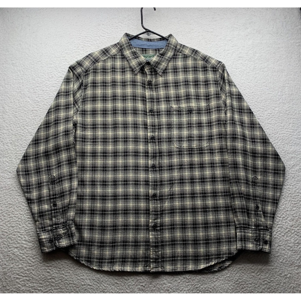 Woolrich Flannel Shirt Mens XL Plaid Houndstooth Beige Black Hiking Outdoors Dad